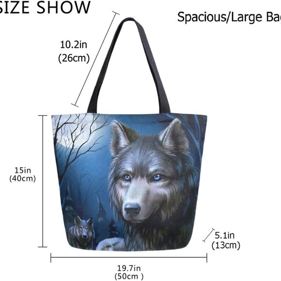Full Moon Night Wolf Print Extra Large Canvas Shoulder Tote Top Storage Handle B - Picture 6 of 6